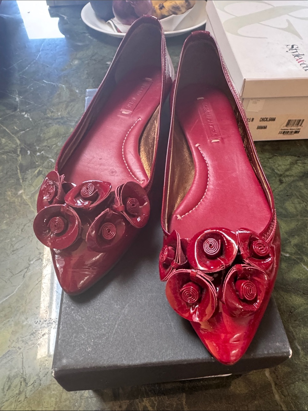 BCBGMAXAZRIA red wine Luna patent leather flats with floral rose embellishment.